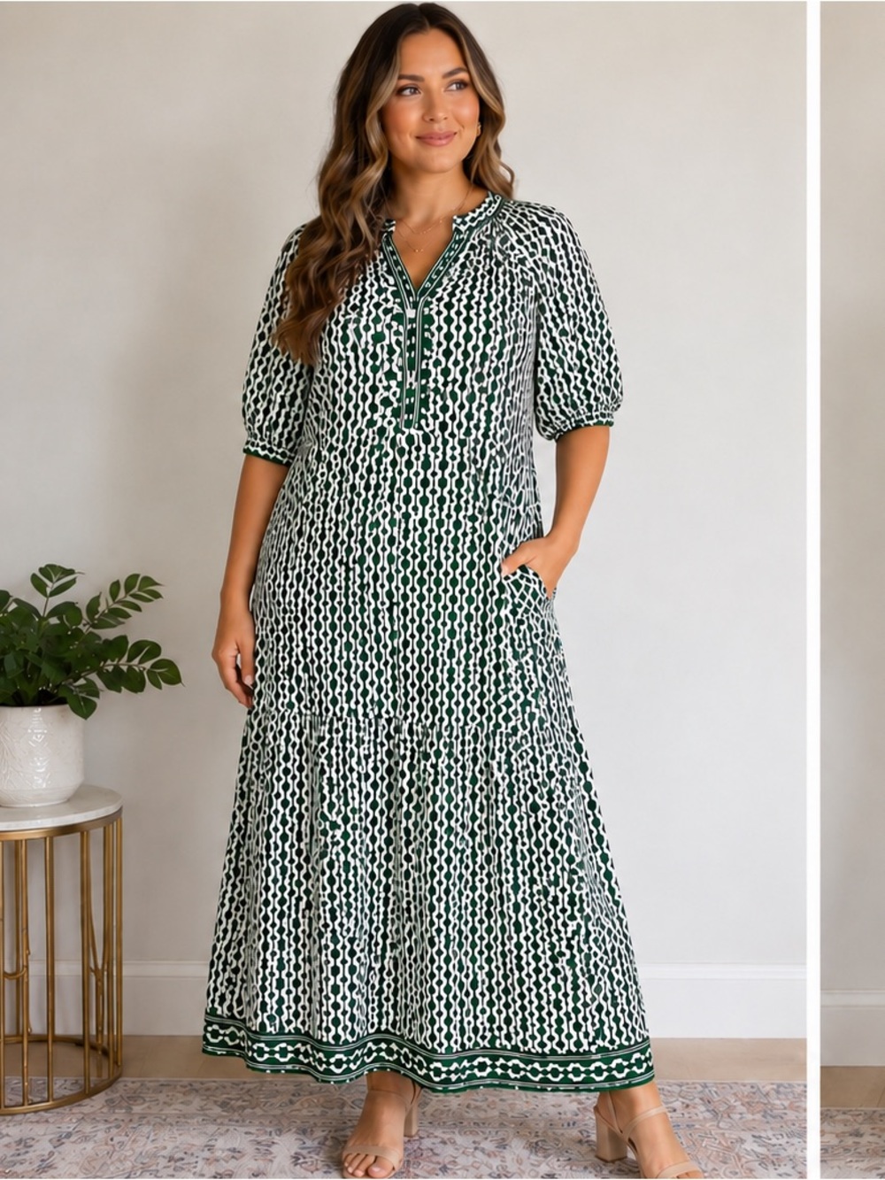 Max Studio Green and White Patterned Maxi Dress XS